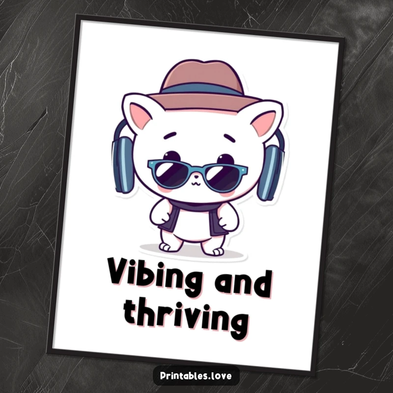 Funny digital art print of a Kawaii character with a hat and sunglasses, grooving joyfully, perfect for instant decor.