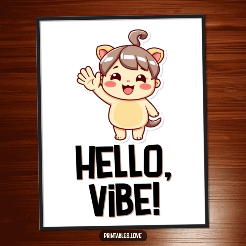 Funny Kawaii Digital Art Print of a cute character making a large, enthusiastic hello wave, perfect for vibrant decor.