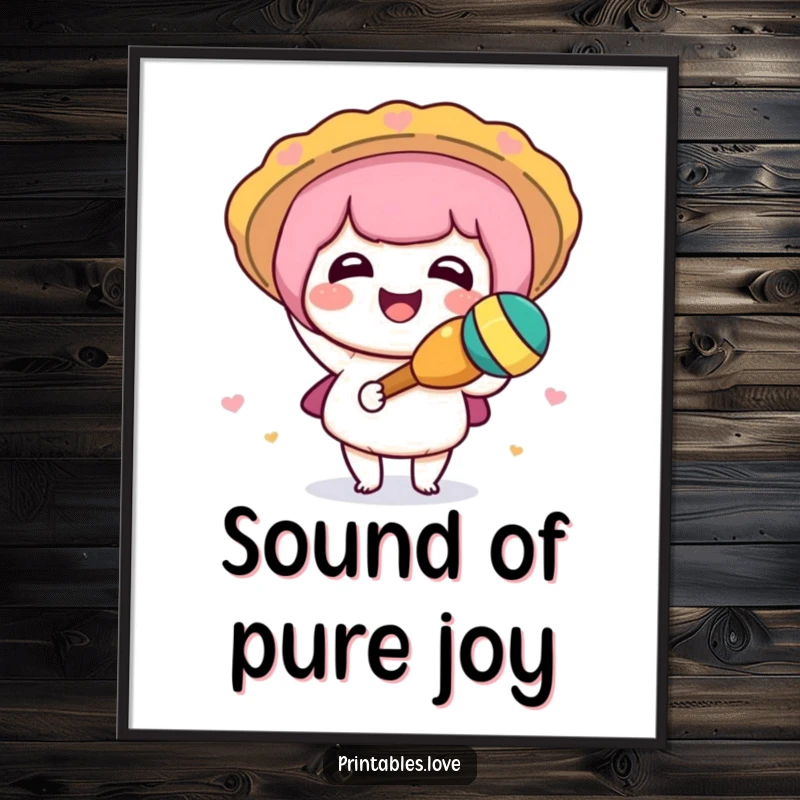 Funny Kawaii digital art print of a cute character happily shaking a maraca, radiating pure festive energy.