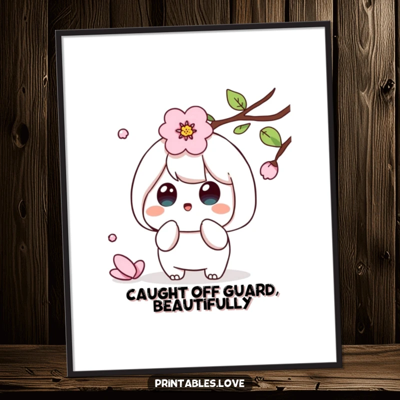 Funny Kawaii digital art print of a cute character looking surprised by a falling cherry blossom petal, serene art.
