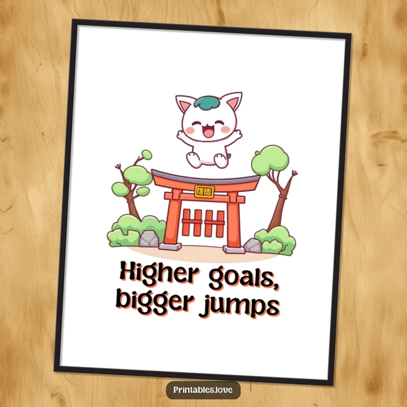 Funny Kawaii digital art print of a cute character leaping dynamically over a torii gate, symbolizing strength.