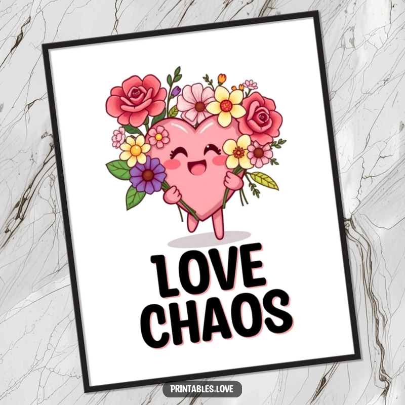 Funny digital art print of a heart character joyfully holding a vibrant and eclectic bouquet of assorted flowers.