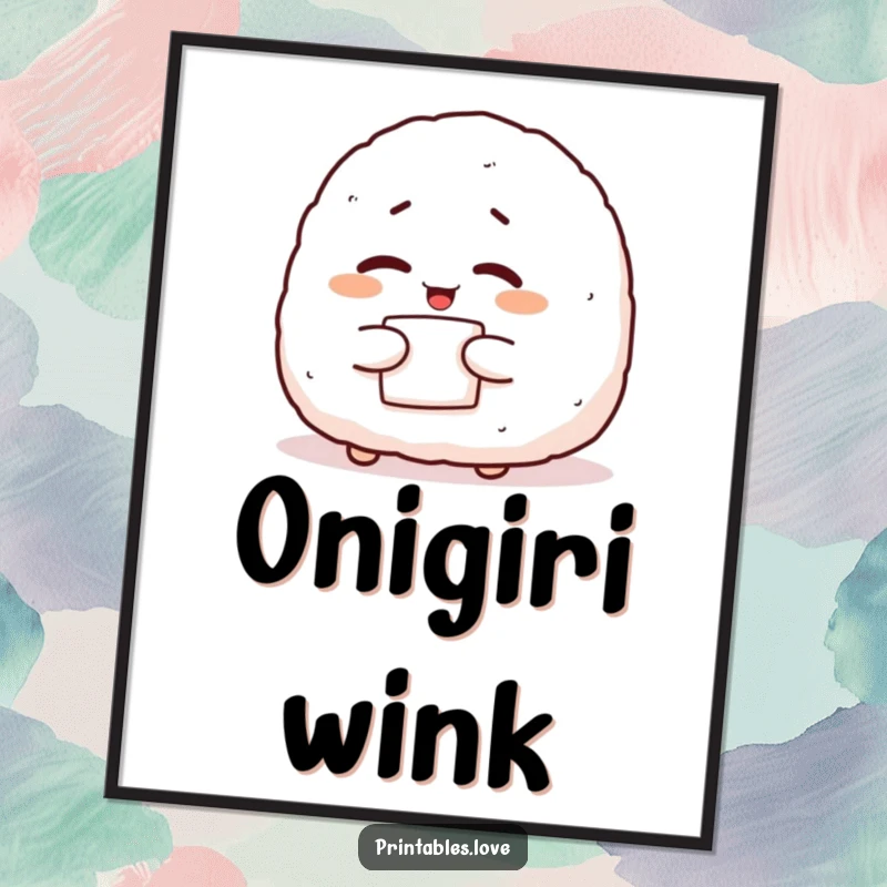 Funny onigiri digital art print showing a giggling character winking with nori, ideal for instant playful wall decor.