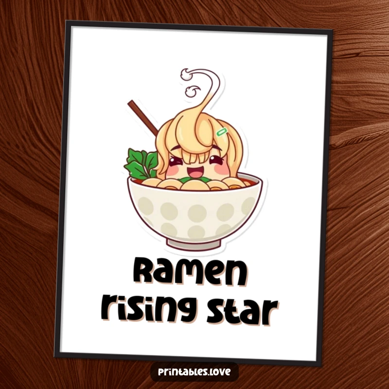 Funny ramen bowl digital art print showing a cheerful character with hilariously rising steam, ideal for instant playful wall decor.