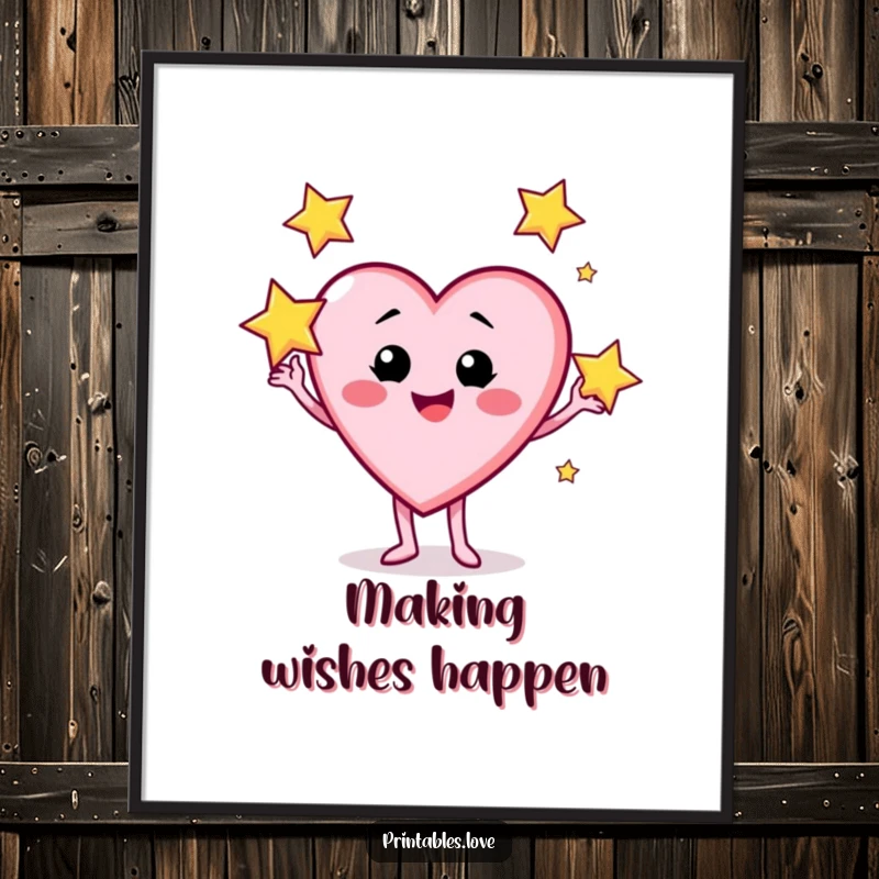 Funny digital art print of a heart character with a cheeky grin juggling three brilliant, sparkling stars.