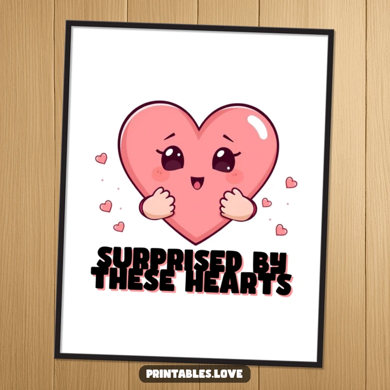 Funny digital art print of a heart with little hands cupping hearts, eyes wide with a comical, surprised expression.