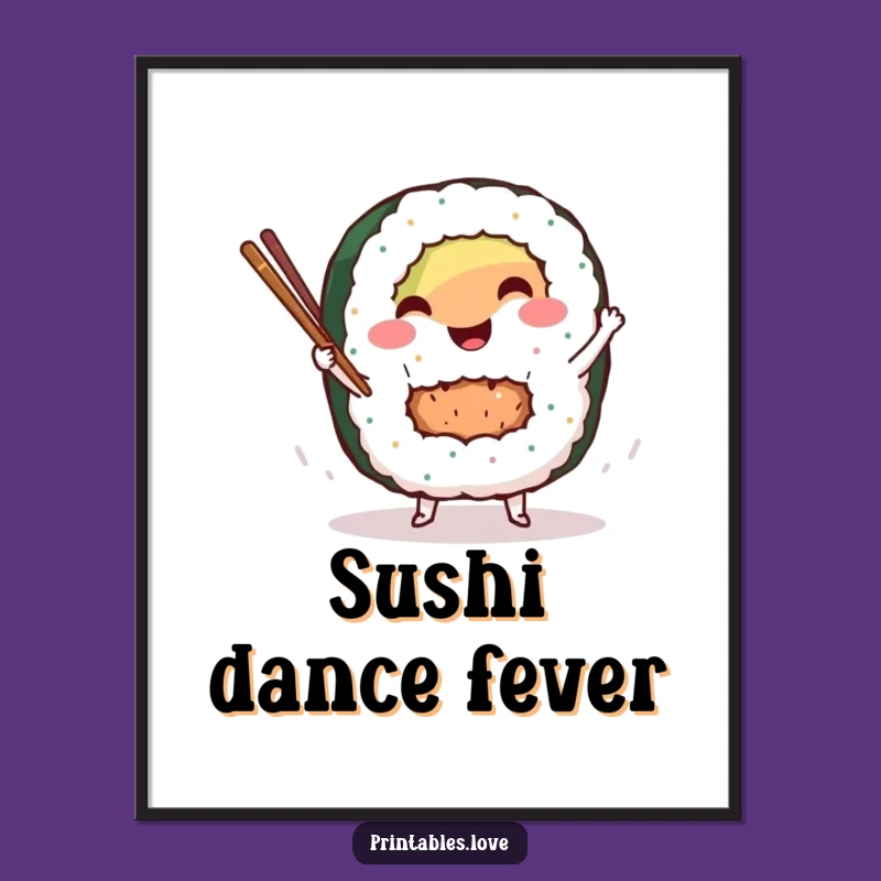 Funny Sushi Dance Digital Art: Smiling Roll Character Printable for Kitchens