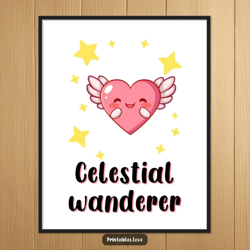 Funny digital art of a heart character with majestic wings, joyfully flying through a vast, star-filled cosmic background.