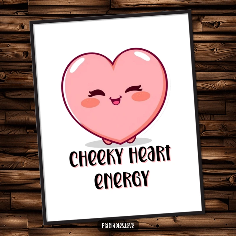 Funny Digital Art Print of a plump heart character playfully winking with a rosy blush, embodying sweet mischief and charming allure.