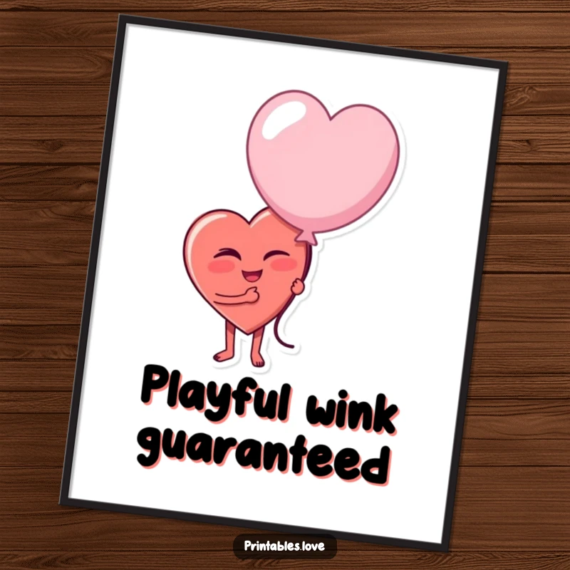 Funny digital art print of a heart character giving a playful wink and holding a slightly deflated balloon, embodying witty humor.