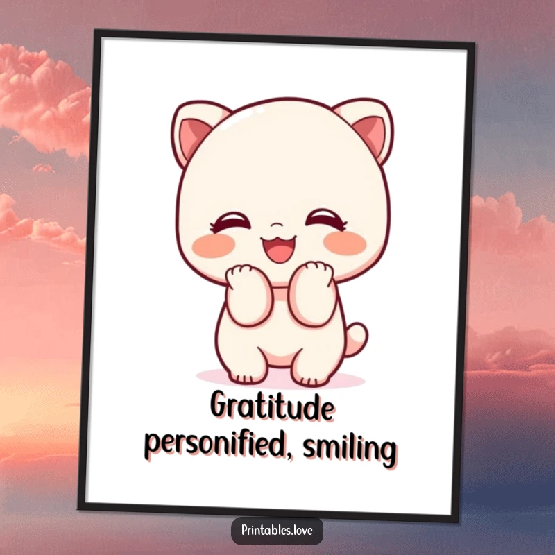 Funny Kawaii digital art print of a cute character bowing adorably with a wide smile, representing welcome.