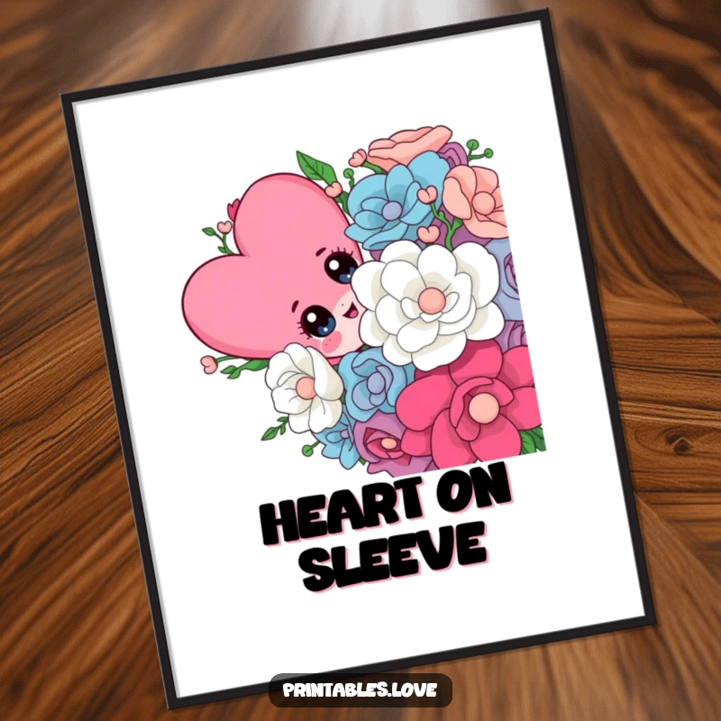 Funny digital art print of a cute heart character with wide, playful eyes peeking from behind a large, colorful bouquet.