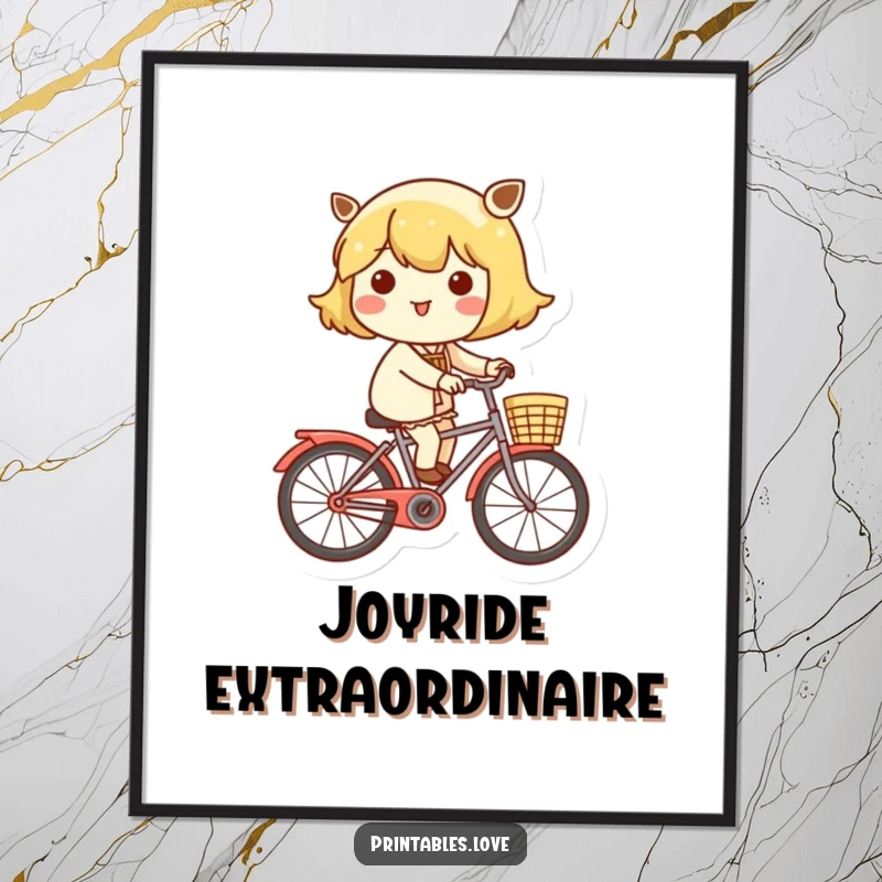 Funny digital art print of a Kawaii character happily riding a bicycle with a basket, perfect for instant wall decor.