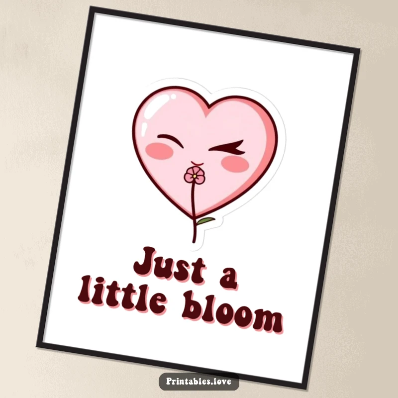 Funny winking heart digital art print, an illustration of a heart character winking playfully while holding a delicate flower.