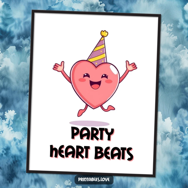 Funny Party Heart Digital Art Print wearing a party hat, enthusiastically jumping, capturing pure, unadulterated party spirit and joy.