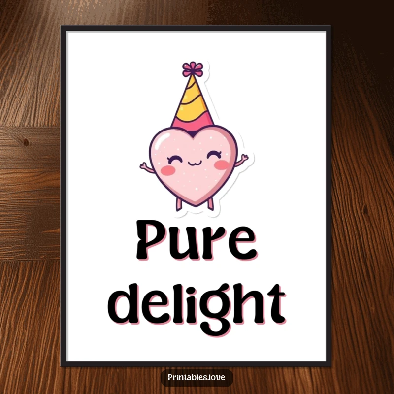 Funny digital art print of a tiny heart wearing a party hat, spinning energetically, conveying festive celebration.
