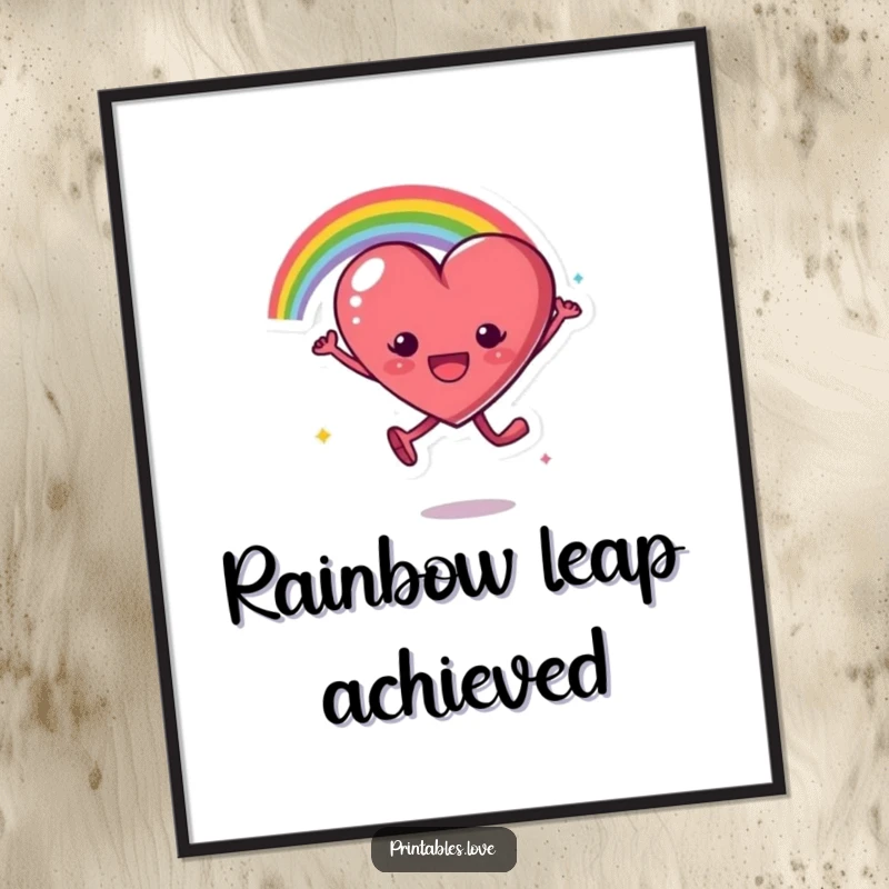 Funny digital art print of a heart character leaping with excitement, trailing a vibrant rainbow arc, symbolizing joy and optimism.