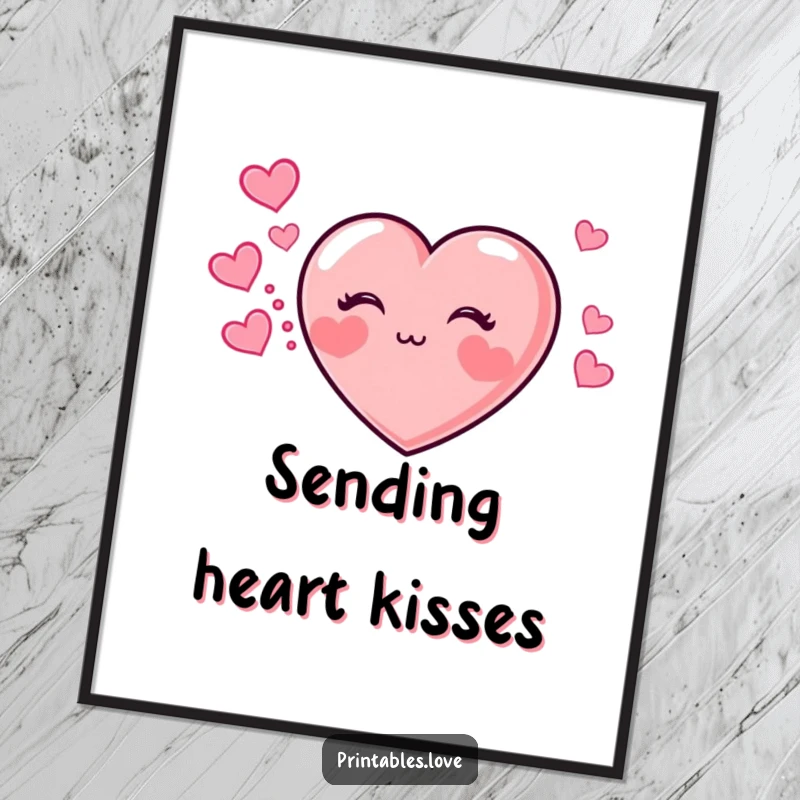 Funny digital art print of a heart with chubby cheeks blowing a kiss, leaving a whimsical trail of hearts.