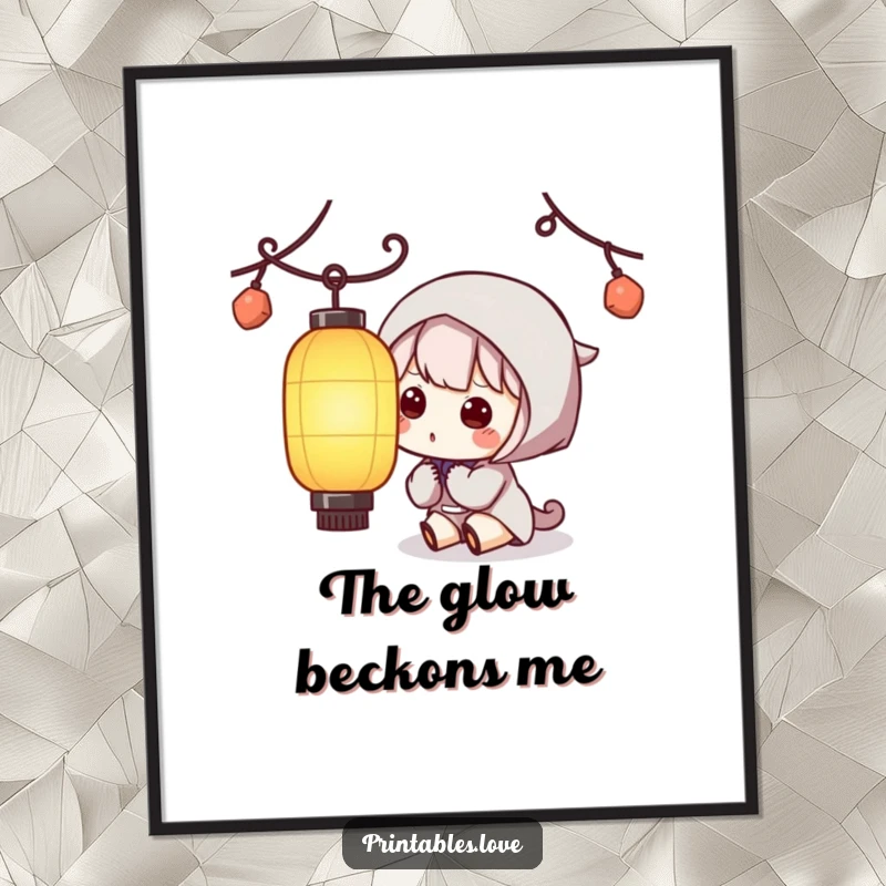 Funny Kawaii Lantern Digital Art: A downloadable print of a cute character gazing with curiosity at a softly lit paper lantern.