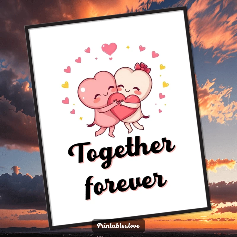 Funny digital art print of two heart characters joyfully hugging with sparkles, perfect for instant decor celebrating friendship and love.