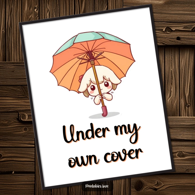 Funny Digital Art Print of a Kawaii character peeking from behind a large umbrella, perfect for instantly adding shy and whimsical wall decor.