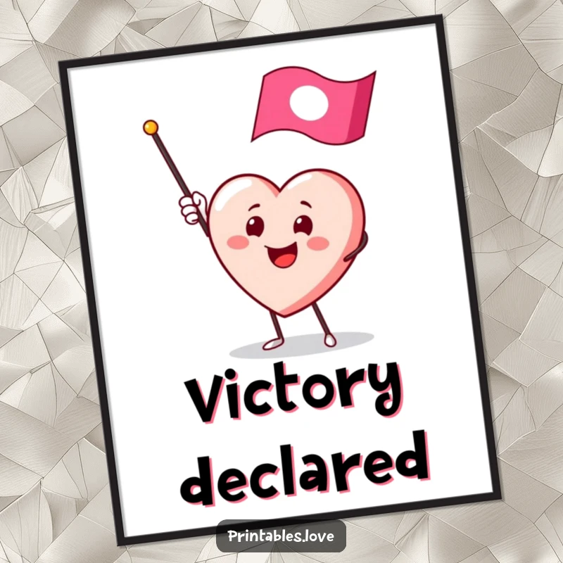 Funny digital art print of a smiling heart character enthusiastically waving a miniature flag, symbolizing happy greetings.