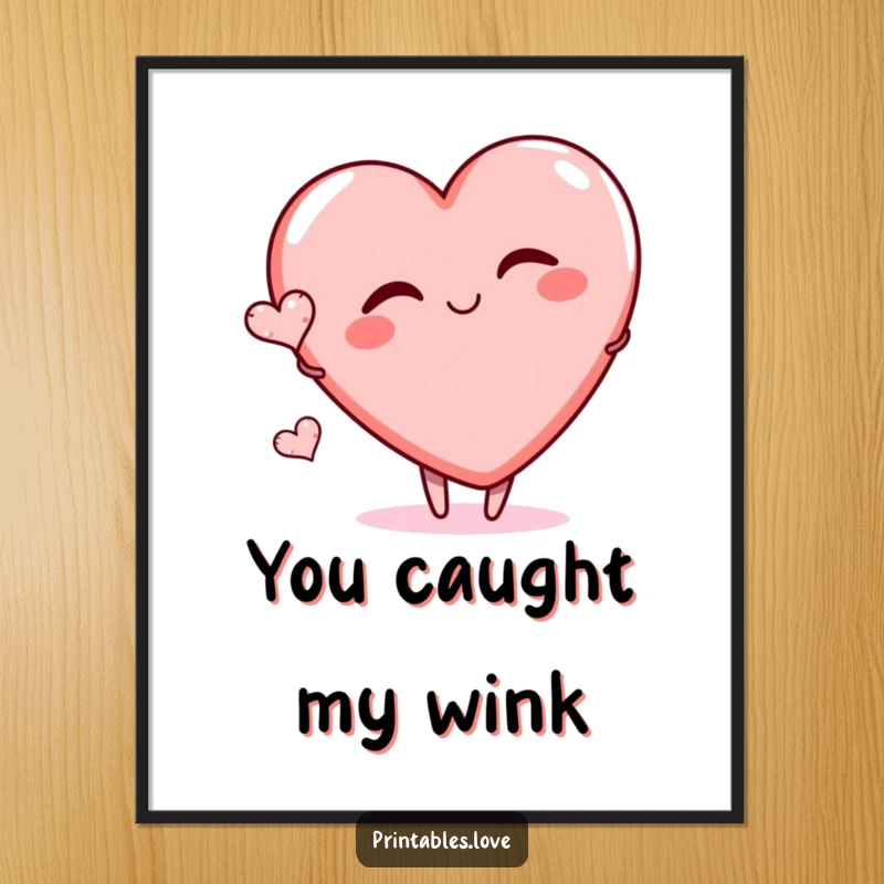 Funny digital art print of a large heart character playfully winking with a tiny heart floating, perfect for instant decor with playful humor.
