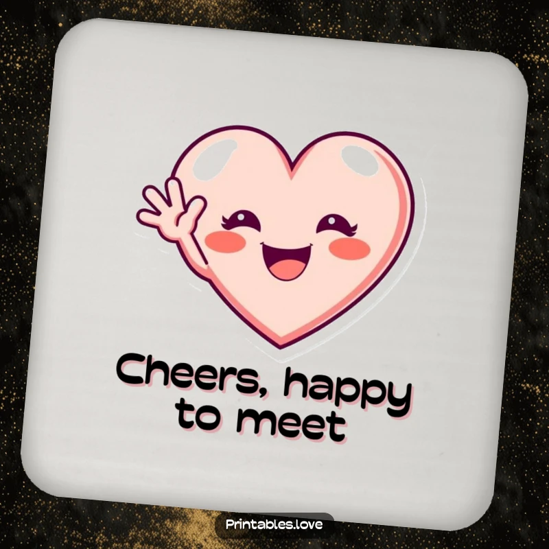 Funny drink coaster with a heart showing an excited grin and waving hello, perfect for welcoming guests with humor.