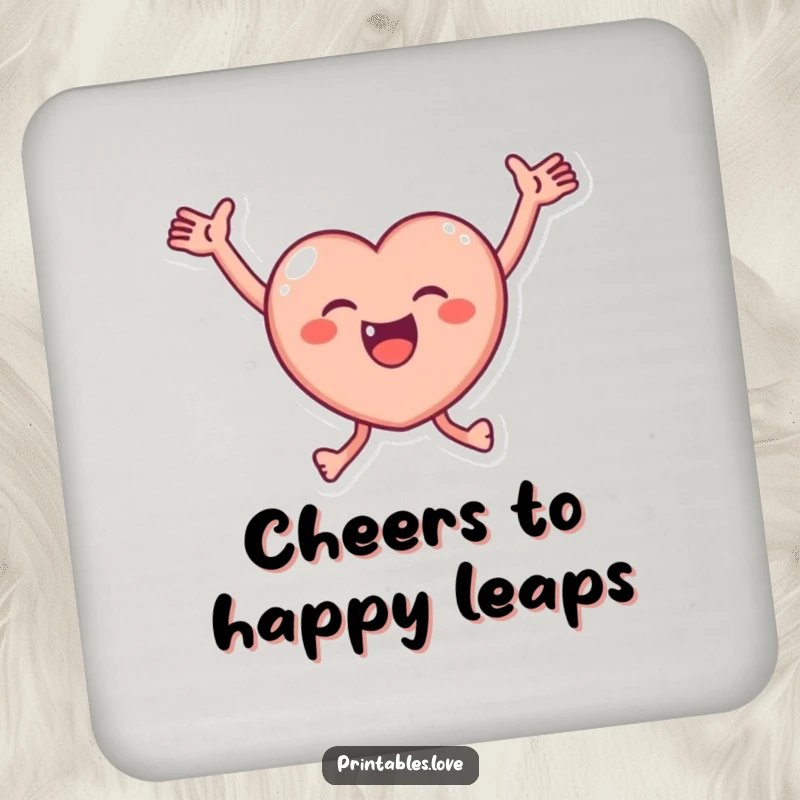 Funny Drink Coasters featuring a small, round heart character joyfully leaping with arms outstretched, adding a cheerful and happy touch to any setting.