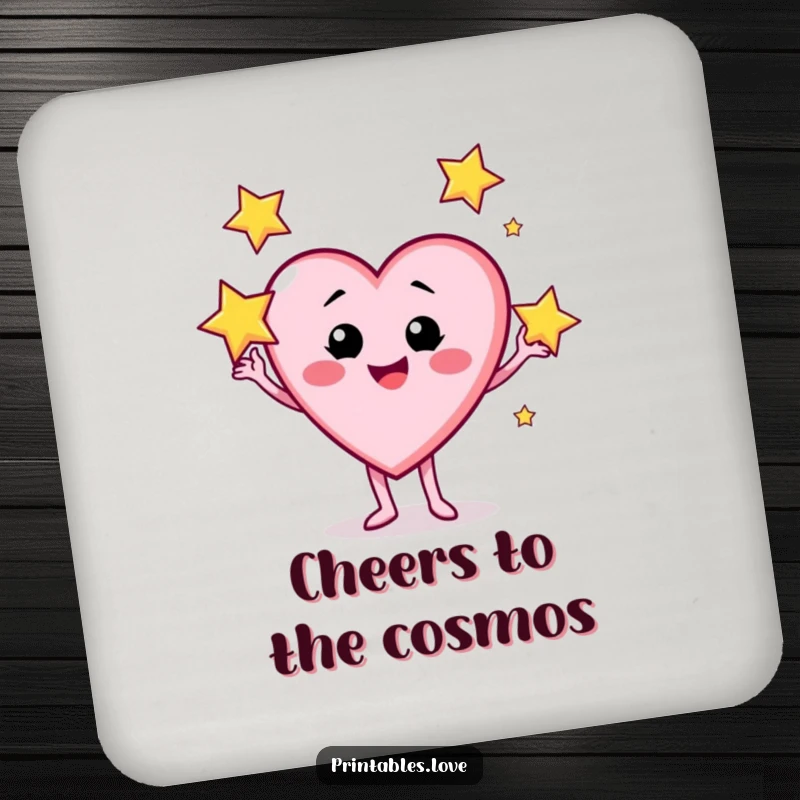 Funny drink coaster featuring a heart character with a cheeky grin juggling three sparkling stars, protecting surfaces.