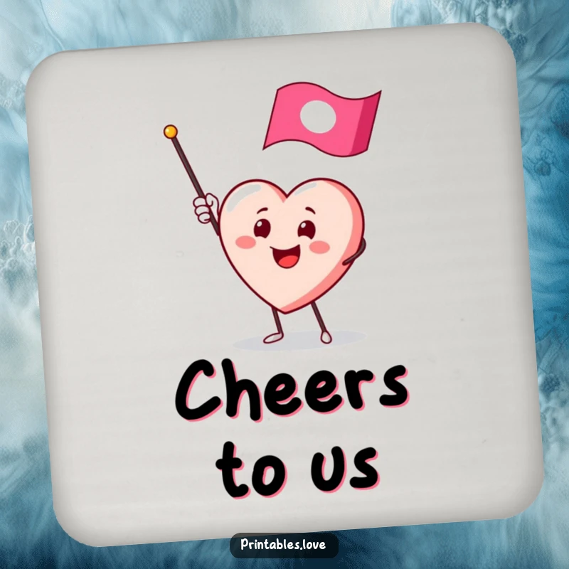 Funny coaster showing a smiling heart character enthusiastically waving a small flag, protecting surfaces with cheer.