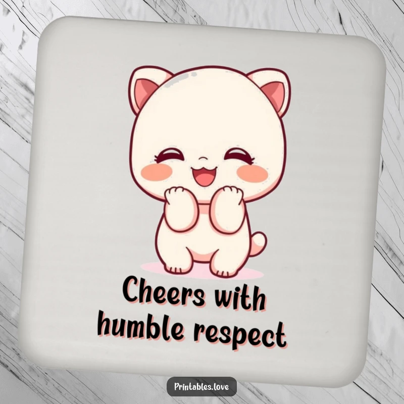 Funny Kawaii drink coaster with a cute character bowing with a big smile, adding a polite touch.
