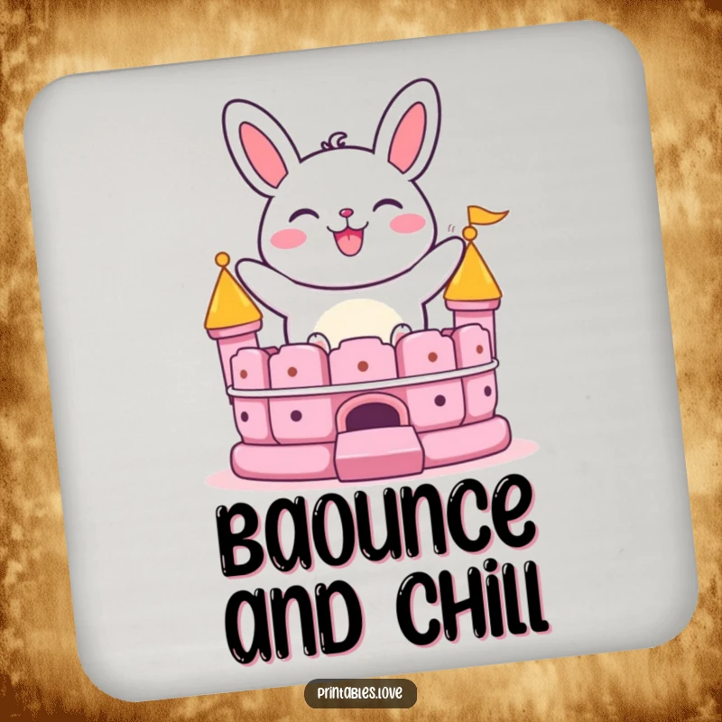 Funny bao bun drink coaster with a grinning character bouncing on a bouncy castle, providing surface protection with playful humor.