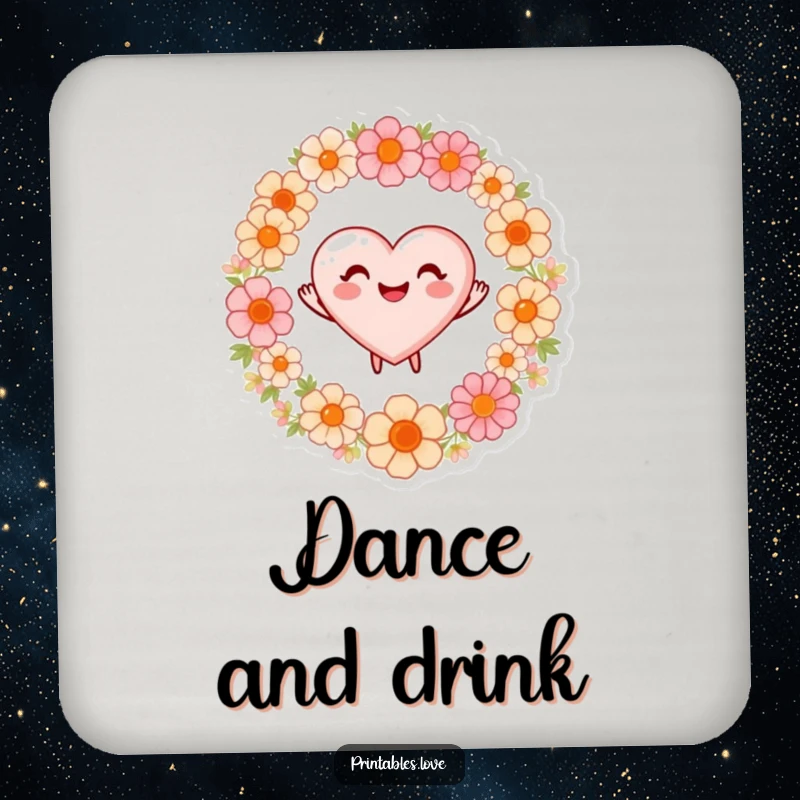 Funny drink coasters featuring a heart with a beaming smile, dancing joyfully around a ring of colorful flowers.