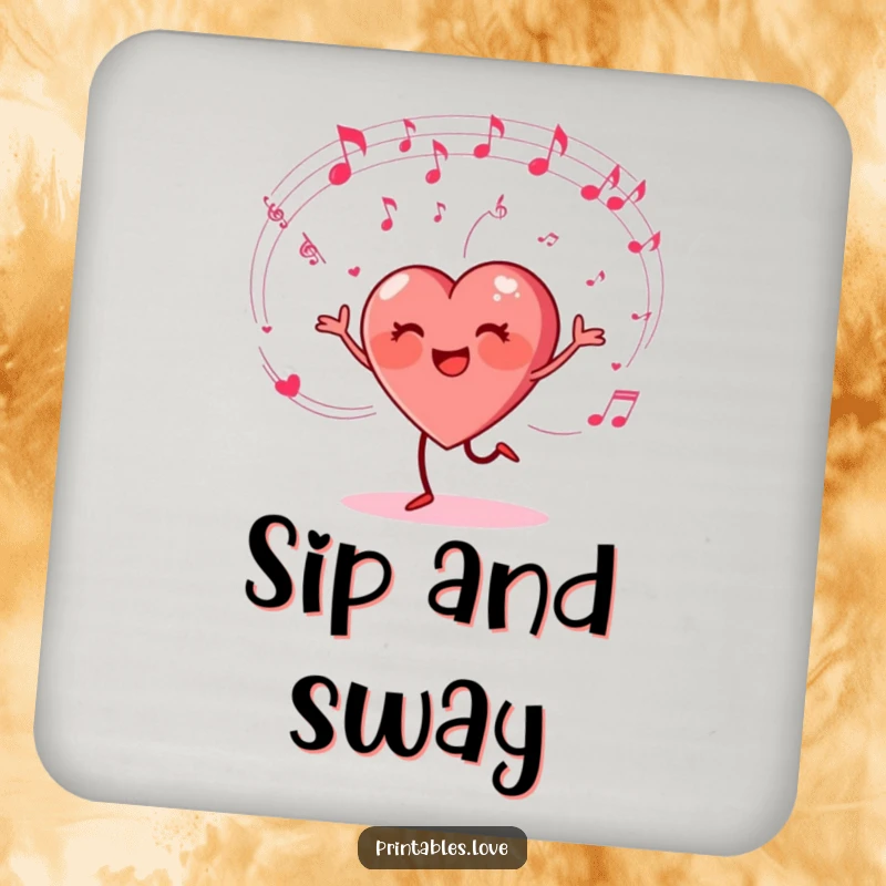 Funny drink coaster with a heart character happily dancing and musical notes swirling, protecting surfaces with musical humor.