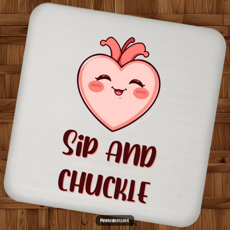 Funny Giggling Heart Coaster with rosy cheeks, giggling uncontrollably, protecting surfaces with cheerful charm and contagious mirth.