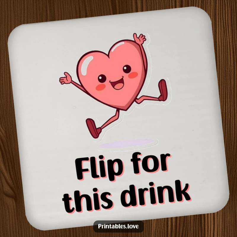 Funny heart coaster, a cartoon heart character doing a cartwheel with a happy smile, protecting surfaces with flair.