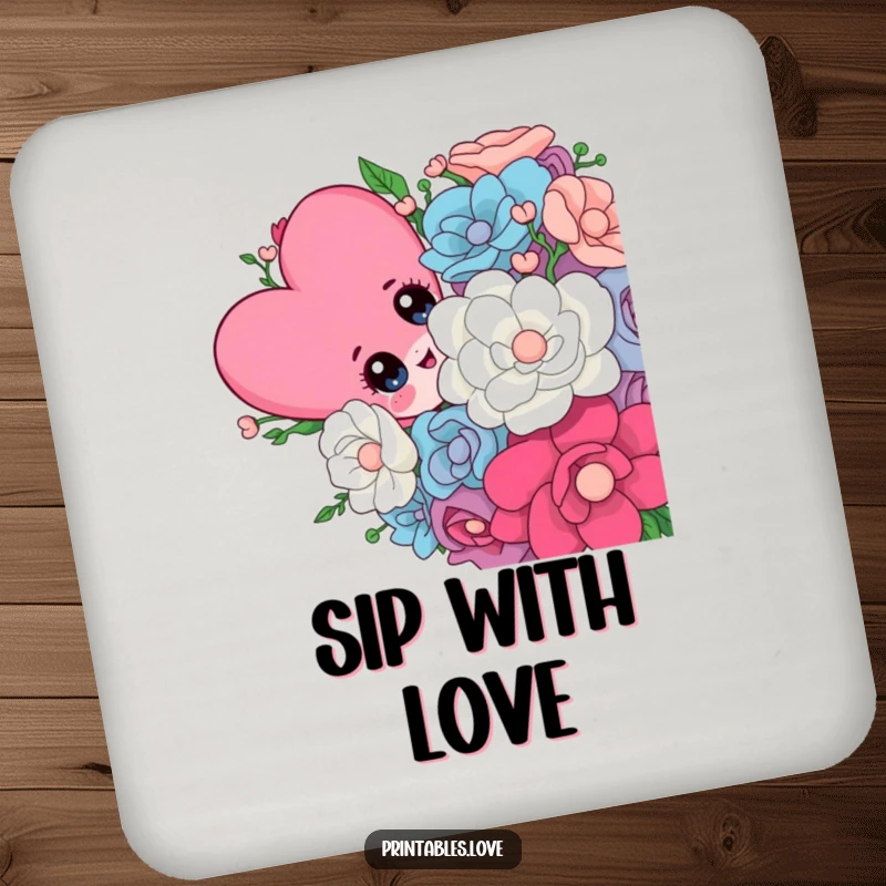 Funny drink coaster with a cute heart character with curious eyes peeking from behind a vibrant bouquet, protecting surfaces.