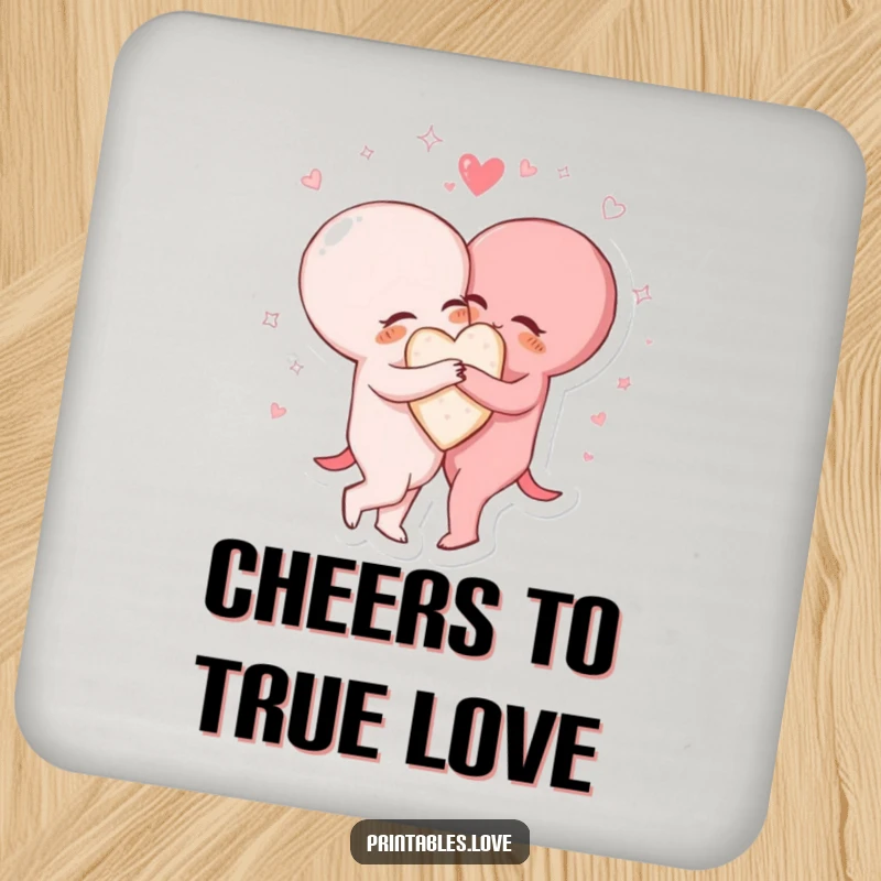 Funny drink coaster featuring two heart characters in a tight embrace, surrounded by sparkling, swirling lines of love and connection.