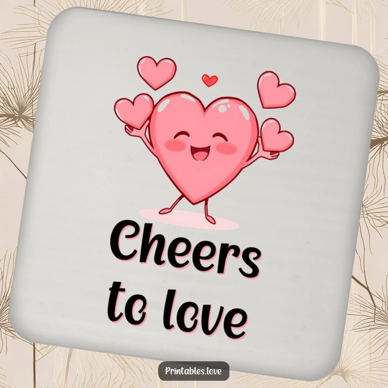 Funny coaster with a gleeful heart character juggling hearts, protecting surfaces with style and humor.