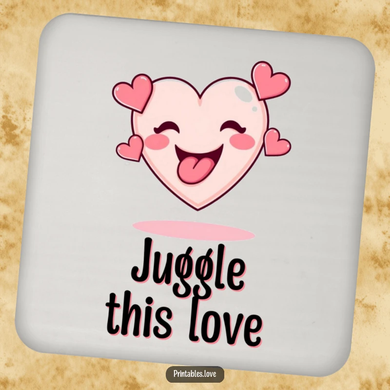 Funny drink coasters featuring a playful heart tongue out, cleverly juggling small hearts, suitable for any table.