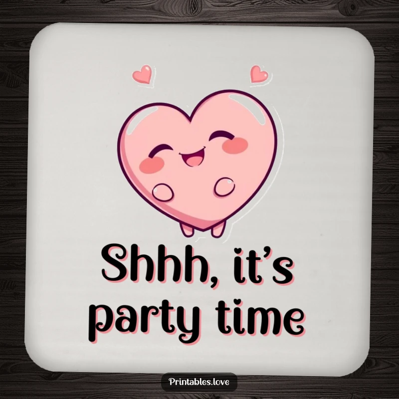 Funny drink coaster showing a giggling heart character looking back with a mischievous grin. Protects surfaces with playful design.