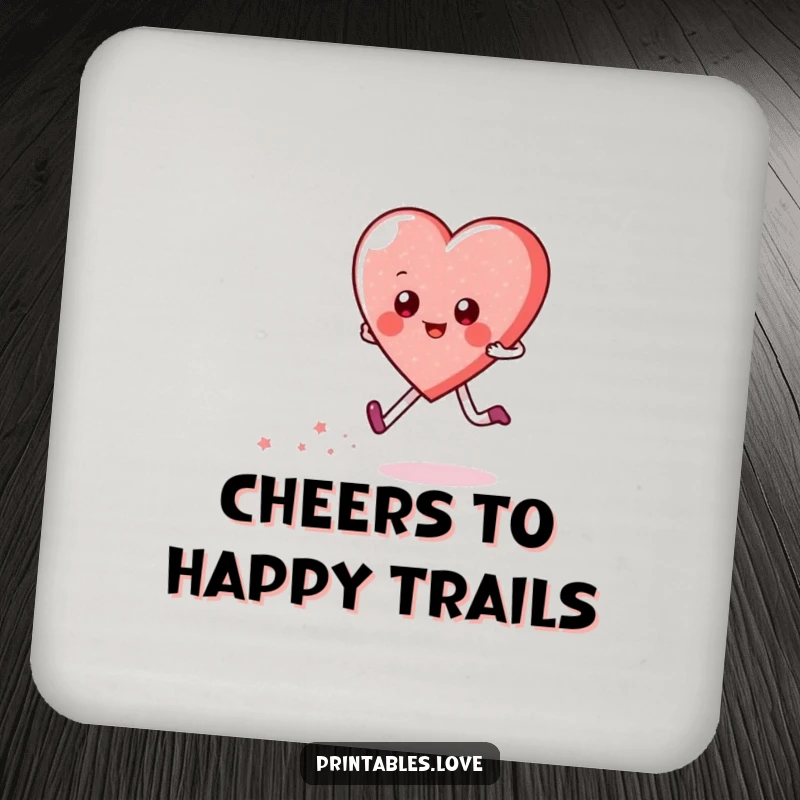 Funny drink coaster showing a happy heart character skipping, leaving a trail of sparkles. Protects surfaces with cheerful design.