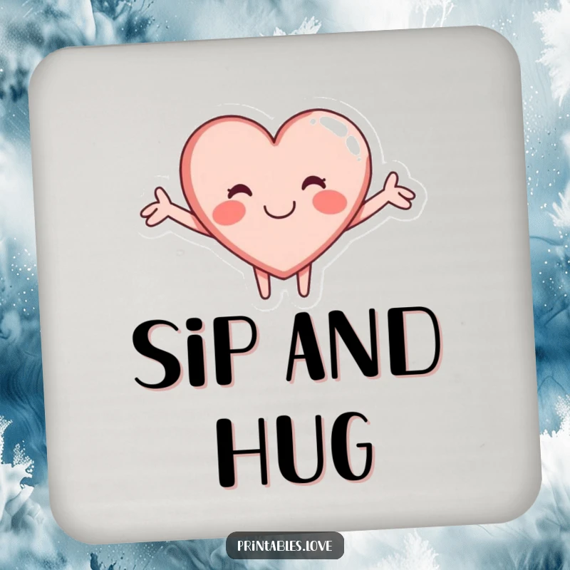 Funny drink coasters featuring a heart character giving a cheerful hug, protecting surfaces with a touch of playful love.