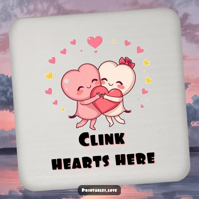 Funny drink coaster with two heart characters joyfully hugging with sparkles, protecting surfaces with love and humor.