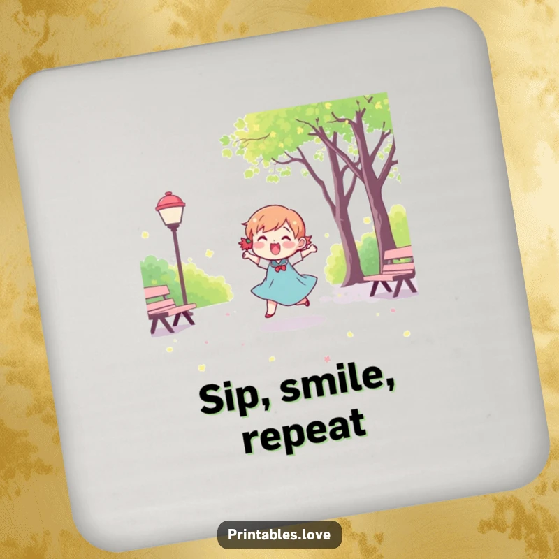 Funny Kawaii Dancing Character Coaster: A decorative coaster with a cute, happy character joyfully dancing in a park.