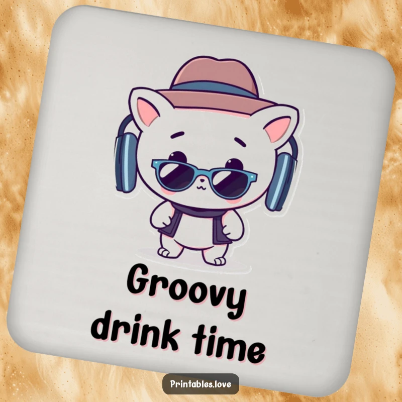 Funny coaster set with a groovy Kawaii character wearing a hat and sunglasses, a stylish addition to any table.