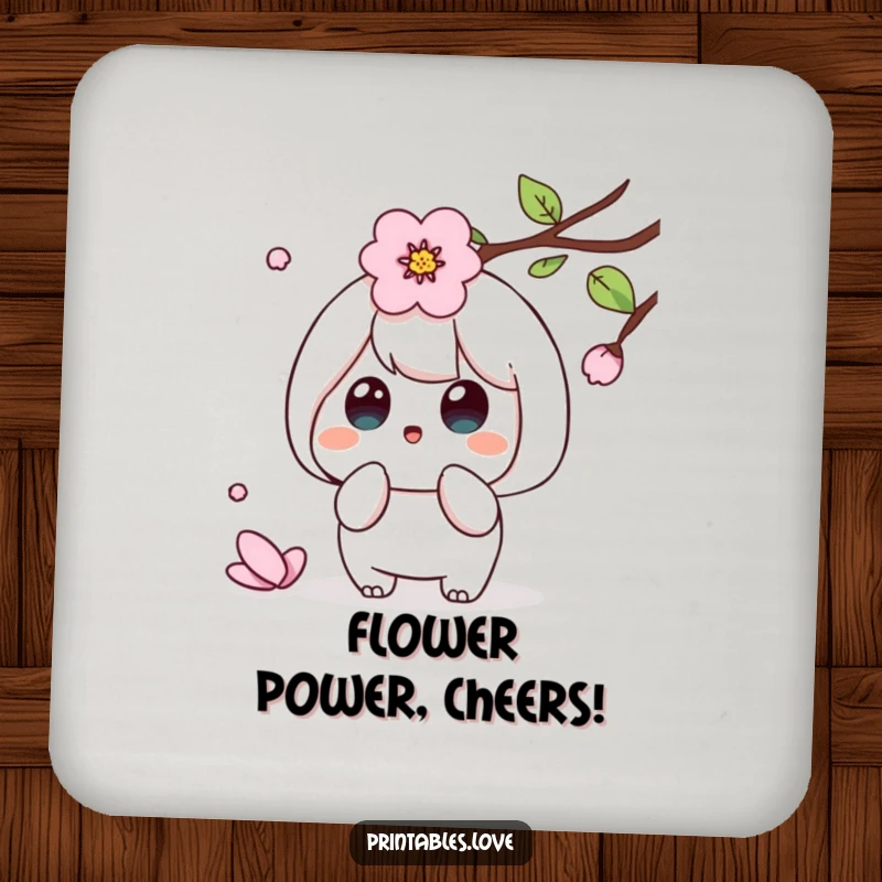 Funny Kawaii drink coaster with a surprised character reacting to a falling cherry blossom petal, adds spring decor.