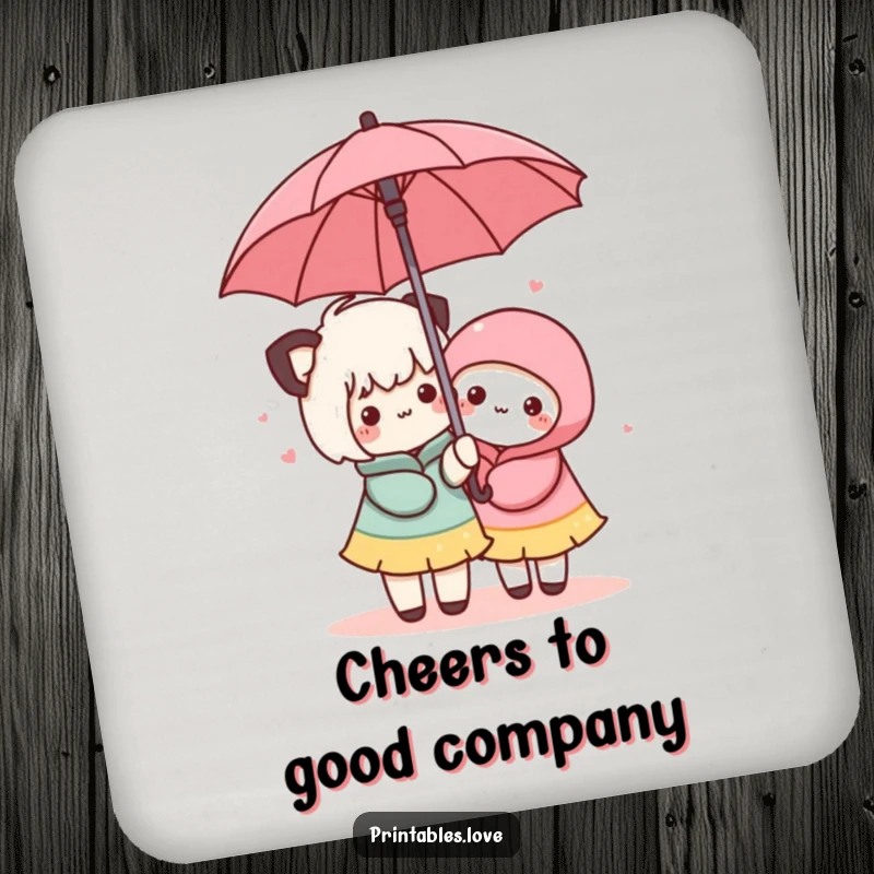 Funny Kawaii Umbrella Coaster: A coaster featuring two cute characters sharing shelter happily under an umbrella.