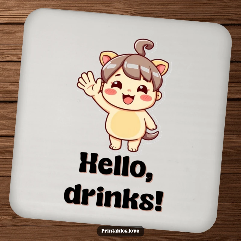 Funny Kawaii Coaster with a cute character giving an enthusiastic hello wave, protecting surfaces with style.